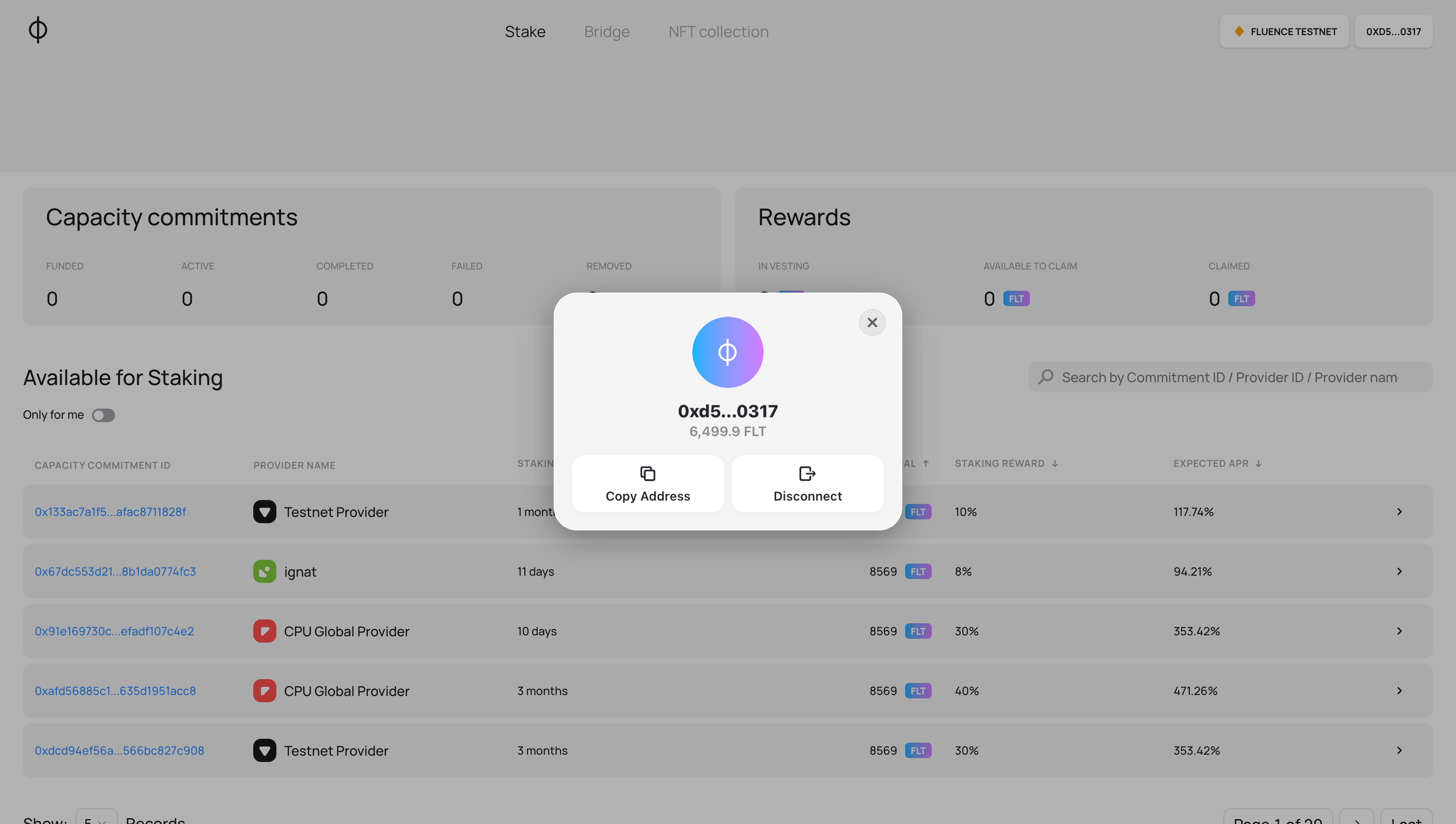 Staking app view with user&#39;s wallet connected